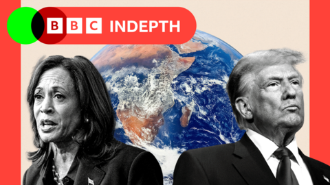 A treated image showing Kamala Harris and Donald Trump in front of a cracked globe