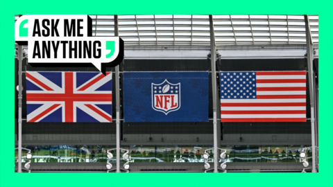 The Tottenham Hotspur Stadium with the Great Britain, NFL and United States flags on them and an Ask Me Anything border around them