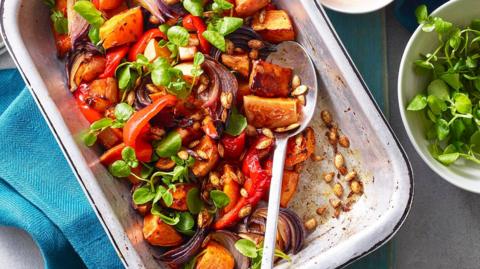 Sticky pumpkin and sweet potato traybake