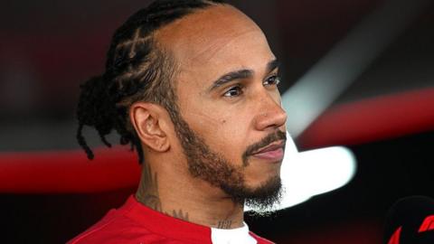Ferrari's Lewis Hamilton speaking to the media after Friday practice for the British Grand Prix
