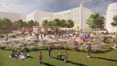 A computer generated image of people enjoying a summer day on a grassy area with a paved square in the middle surrounded by flowers