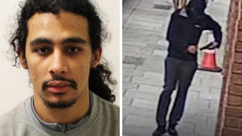 A mugshot of Aderahman Boumzough ( left ) wearing a grey crew-neck jumper against a plain white background and CCTV footage of Boumzough walking down a street holding a gun (right) 