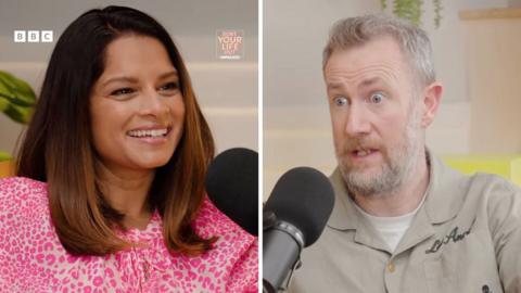Left, Dilly Carter in a pink leopard print shirt. Right, Alex Horne.