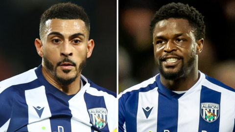 Karlan Grant, left, and Josh Maja, right, both wearing West Bromwich Albion's white and navy blue striped home shirt.