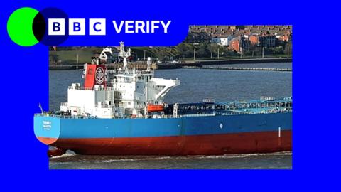 The Forwarder anchored at port. The tanker is imposed over the BBC Verify colours and branding. 