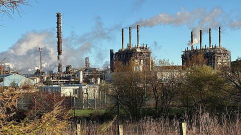 Smoke billows from chimneys at the Mossmorran plant. There is a fence and foliage in the foreground.