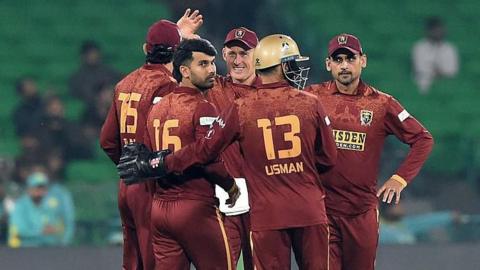 Hyderabad Kingsmen players celebrate a wicket in the PSL