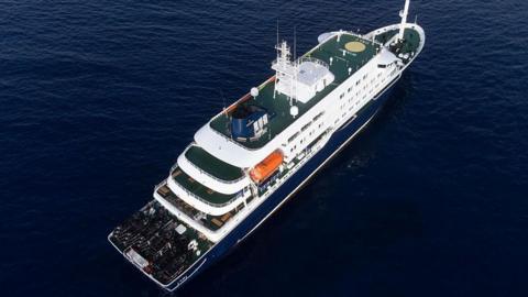 The MV Hondius - a cruise ship - docked off the coast of Cape Verde in the sea