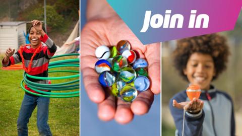A boy hula hooping, a hand holding marbles and a boy with a holding a spinning top. 