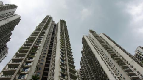 High-rise apartment buildings in Forest City seen from below