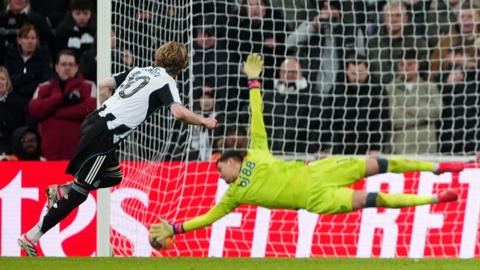 Newcastle's Anthony Gordon scores a penalty against Bournemouth