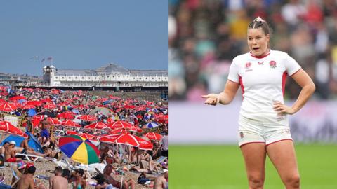 A split screen of Brighton beach packed with sunbathers and parasols with the pier in the background and England rugby player Jess Breach in kit on the pitch
