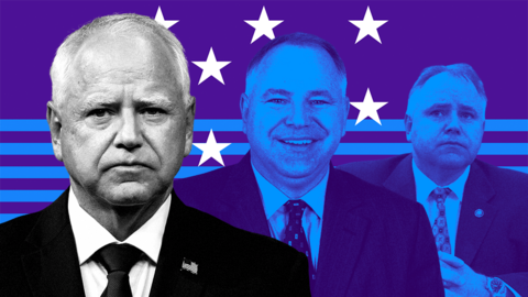 Three stylized depictions of Tim Walz at various stages of his life. The recent photo of him on the left is in greyscale whilst there’s two blue-tinted versions of him on the right. The background features a purple American flag with white stars and blue stripes.