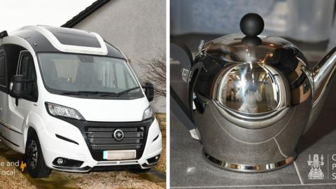 A composite of a white motorhome and a silver kettle