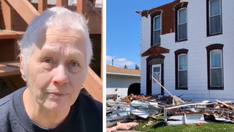 Split screen of white haired woman and damaged house