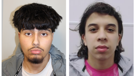 Adam Bedoui and Abdelkader Amir Bousloub seen side by side in police custody images. Adam Bedoui has bushy hair, a moustache and short beard. Amir Bousloub has shoulder length dark hair and is clean shaven.