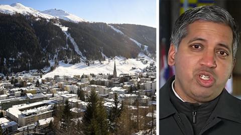 Composite image shows on the left a general view of Davos covered in Snow in January and on the right a headshot of Faisal Islam talking to the camera