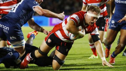 Jack Clement scores Gloucester's sole try in the Prem defeat at Sale in September