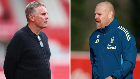 Wrexham boss Phil Parkinson in a black zip-up top, and Nottingham Forest boss Sean Dyche in a green club tracksuit top, in a a split picture