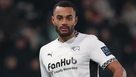 Derby County defender Curtis Nelson in action against Watford at Pride Park 