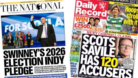 Composite image of the National, headlined 'Swinney's 2026 election indy pledge' and the Daily Record, headlined 'Scots Savile has 120 accusers'