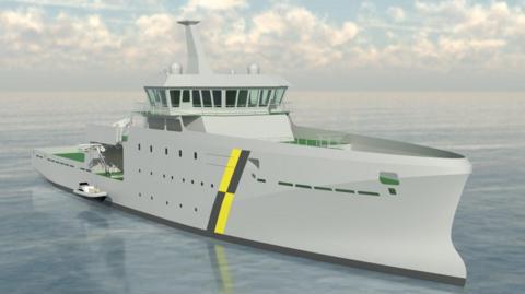 A grey ship on the water. It has a yellow and black strip on its side