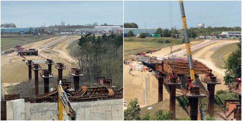 a collage of two images side by side from a similar angle showing the bridge. the first has lots of visible pillars of supports, the second has a bridge baseplate resting on many of them
