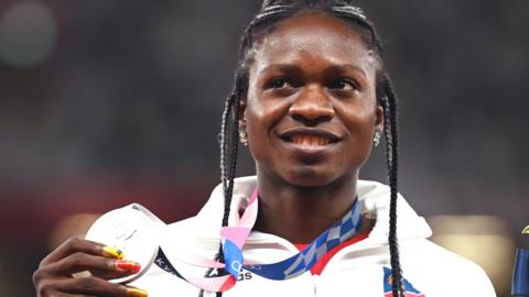 Christine Mboma with her Olympic silver medal which she won in the 200m at the Tokyo 2020 Games