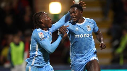 Ephron Mason-Clark celebrates scoring for Coventry City with team-mates