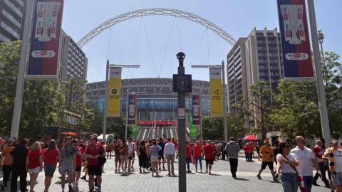 Wembley Stadium with a large banner on the front of it, under the famous arch, stating: "40 finals. Celebrating 40 years of the play offs".