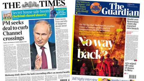 The Times front page features an image of Putin and features image of firefighters entering a blaze