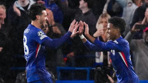 Marc Guiu and Estevao Willian celebrate for Chelsea