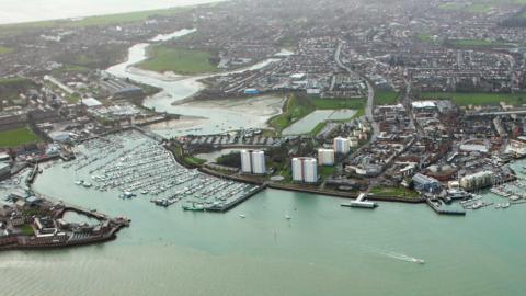 An aerial photo showing Portsmouth harbour and marinas on the Gosport waterfront - in the middle is the Gosport ferry pontoon.