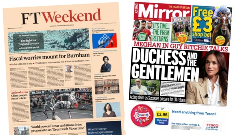 A composite image of the front pages of the Financial Times and the Mirror. "Fiscal worries mount for Burnham" reads the headline of the former and "Meghan in Guy Ritchie talks" reads the headline of the latter.