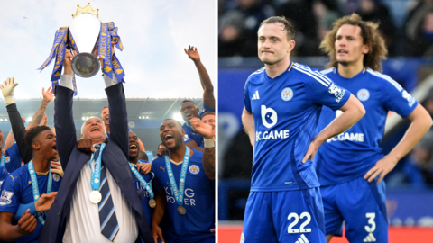 Split image of Leicester City lifting the Premier League trophy and Leicester players looking disappointed after relegation from the Premier League