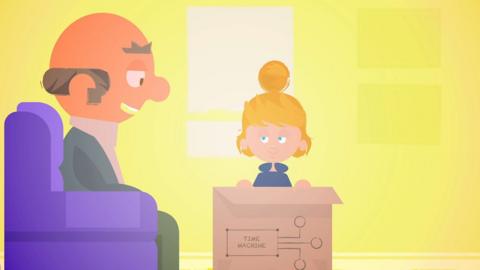 Animated still of a grandfather and child talking in the living room.