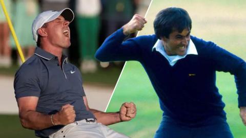 Rory and Seve celebrating their wins in iconic photographs
