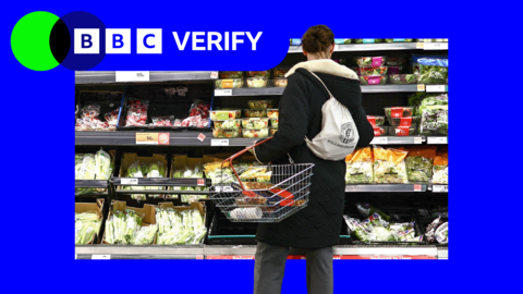 A woman standing in the vegetable aisle in a supermarket. There is blue and green BBC Verify branding on the top left.