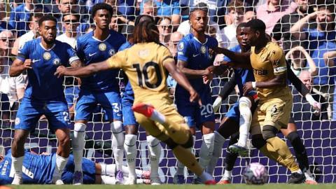 Eberechi Eze 'scores' a free-kick for Chelsea, before it is disallowed