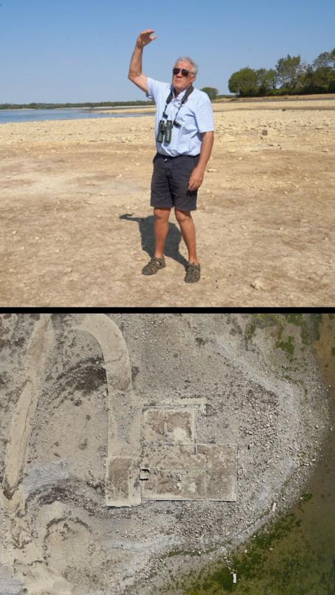 Tim showing how high the water level usually is by holding his hand in the air and drone shot shows building foundations from above