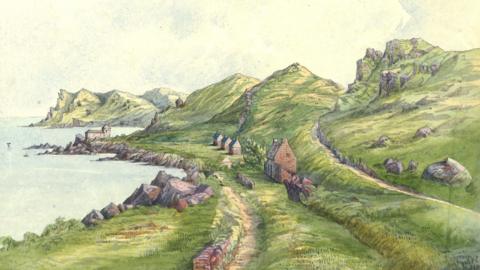 This painting shows a dramatic coastal landscape with a narrow winding track running beside the sea, leading past a handful of small stone cottages nestled below steep green cliffs. Rocky headlands and rolling hills dominate the scene, while calm water fills the bay on the left.