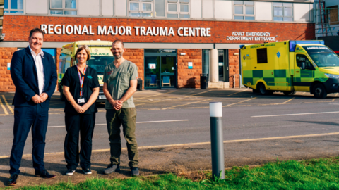 PCC Steve Turner with Alcohol Care Team Coordinator, Jessica Beck, and Consultant Vascular Surgeon, Barney Green, outside James Cook Hospital A&E