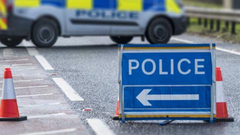 A blue sign with the word "police" written on it and an arrow pointing left. Either side of the sign are two cones and in the background is a police van