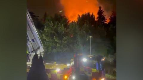 At night an intense orange blaze lights the sky behind a line of tall trees, while a fire engine with an aerial ladder and flashing lights is positioned in the foreground.