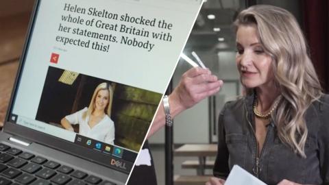 A split image of a computer with a fake  scam article featuring Helen Skelton with the text "Helen Skelton shocked the whole of Great Britain with her statements. Nobody expected this!" and an image of the real Helen Skelton on the phone