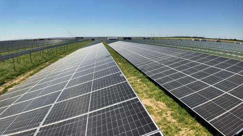 Image of black solar panels in a grassy field.