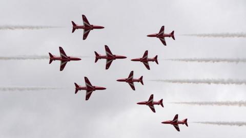 The Red Arrows, photographed mid-flight