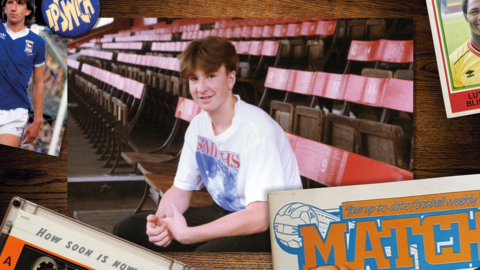 A teenage Giles Goford in the stands surrounded by 1980s footballing ephemera