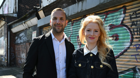 Zack Polanski, Leader of the Green Party, and Hannah Spencer, Green Party MP for Gorton & Denton, attend a local election campaign event in Levenshulme on April 23, 2026 in Manchester, England. 