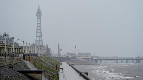 A grey morning in Blackpool, showing tower and seafront